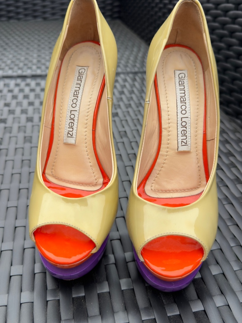 Gianmarco Lorenzi Yellow Patent Peep-Toe Pumps with Orange and Purple Accents